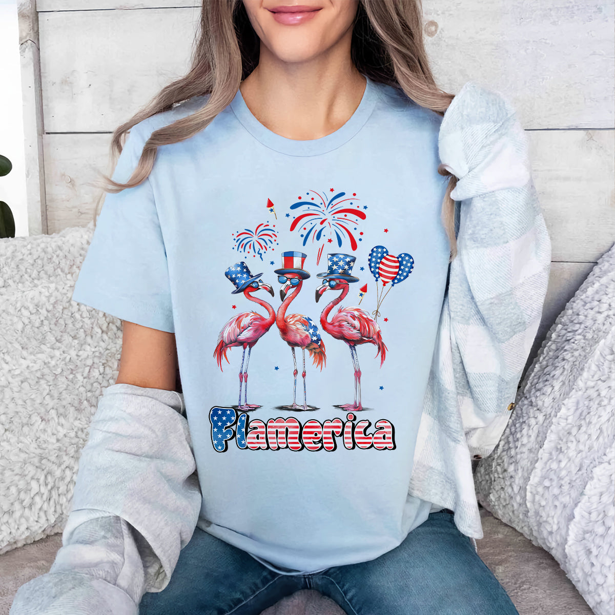 Teesdily | Flamingo American Flag Shirt, Flamerica 4th Of July Shirt, Flamingo Patriotic Tee, Flamerica Sweatshirt Hoodie Mug, Independence Day Gifts