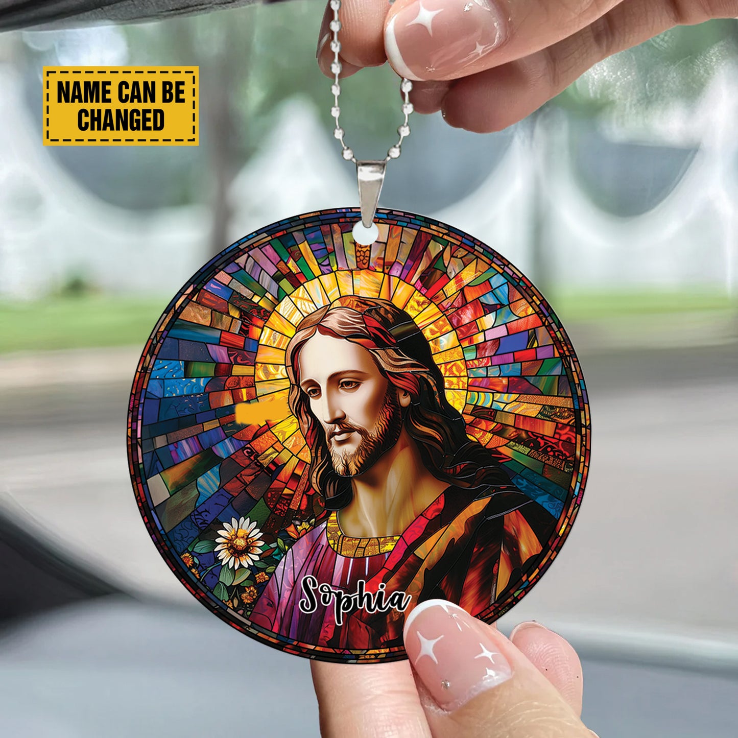 Teesdily | Jesus Portrait Stained Glass Print Ornament, Jesus Christ Sunflower Car Hanger Ornament, Jesus God Colorful Rear View Mirror Accessories