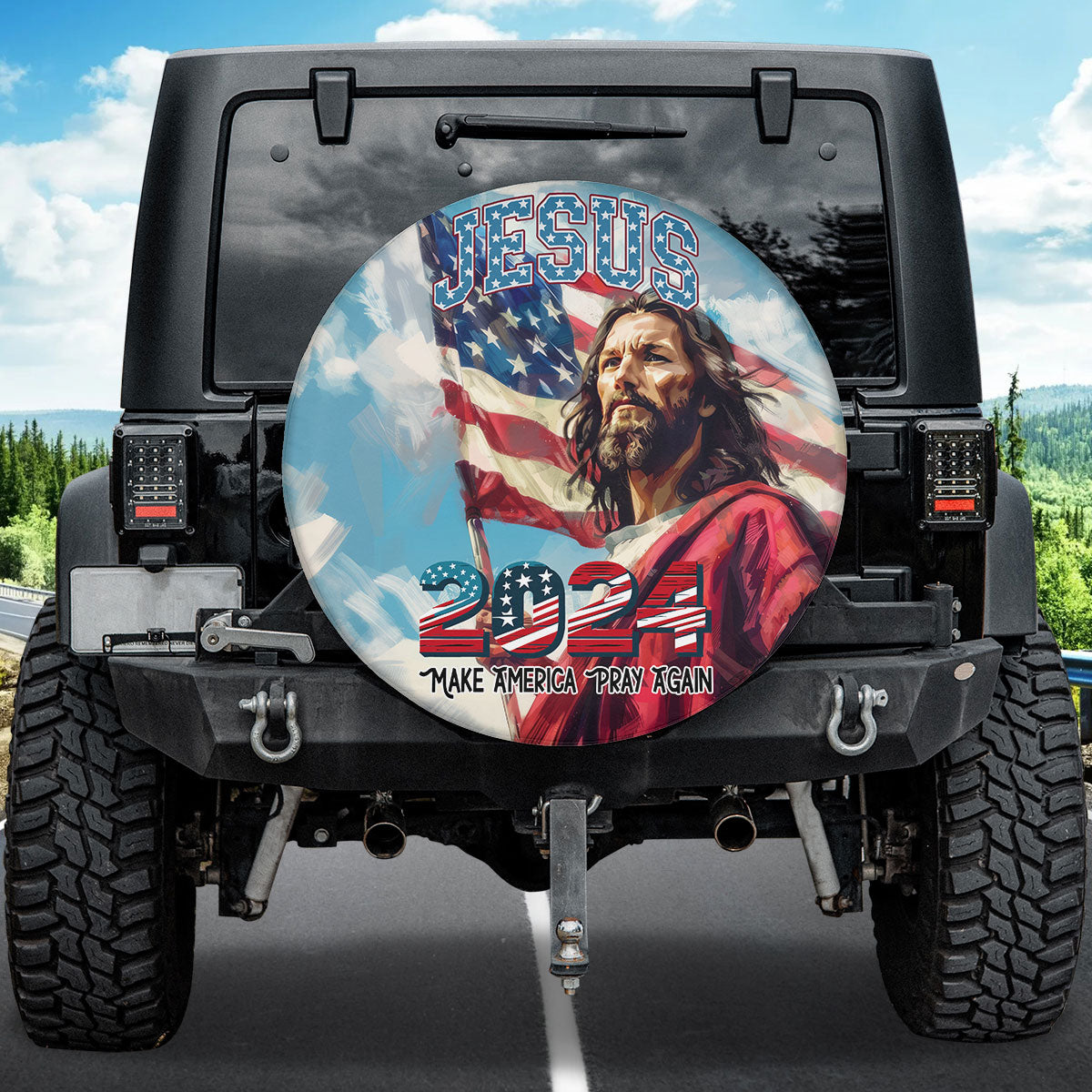 Teesdily | Jesus Christ 2024 Tire Cover, Jesus God American Flag Wheel Cover, Indepedence Car Decor, Make American Pray Again Spare Tire Cover