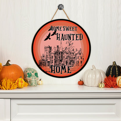 Teesdily | Residential Buildings Home Sweet Haunted Home Halloween Wood Sign Home Decoration Happy Halloween's Day Family Door Sign