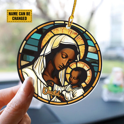 Teesdily | Customized Virgin Mary And Baby Jesus Acrylic Ornament, Merry Christmas Ceramic Car Hanging Ornament, Christmas Custom Gift