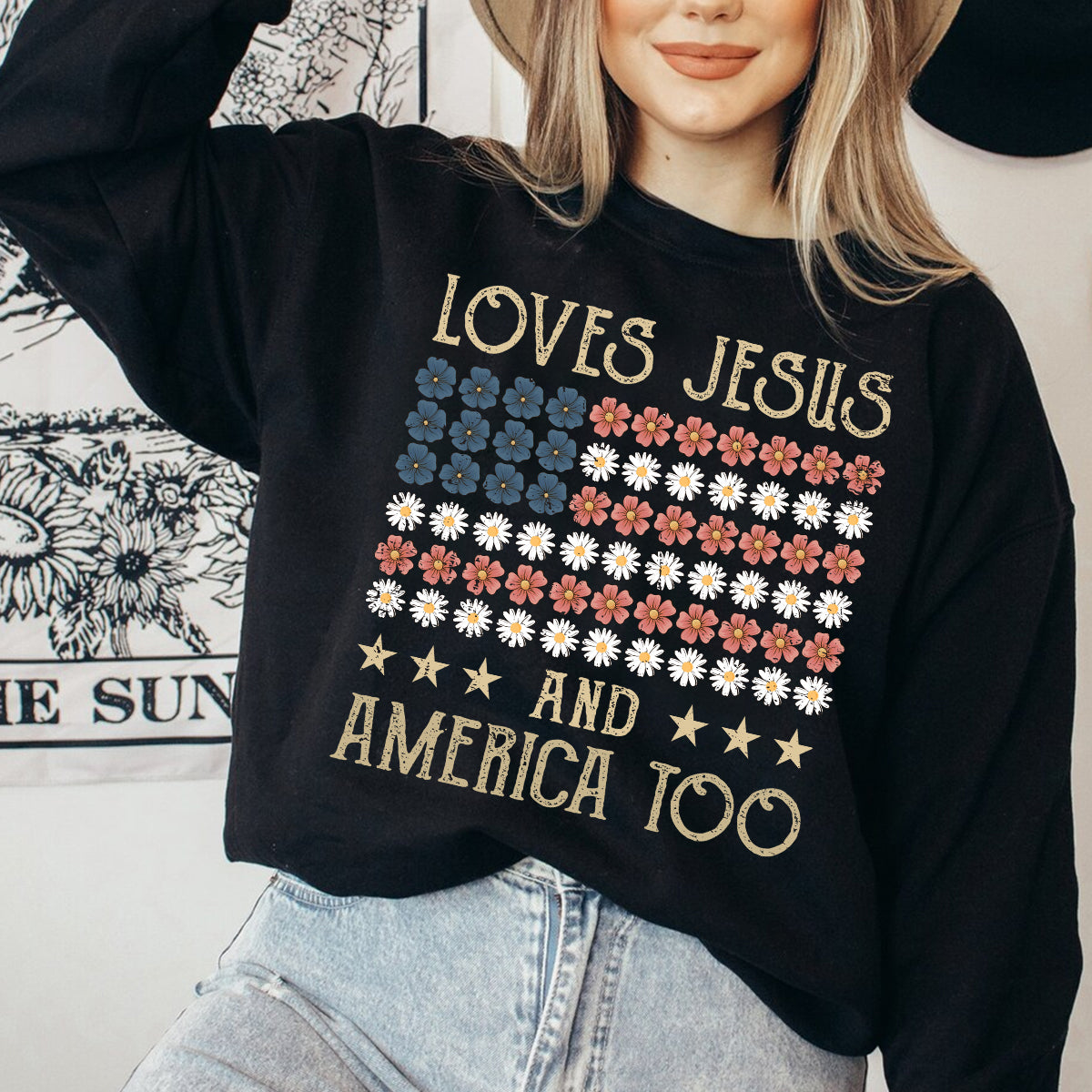 Teesdily | American Flag Flower Shirt, Loves Jesus And America Too Tshirt, Independence Day Sweatshirt, God Hoodie, Christian Gift