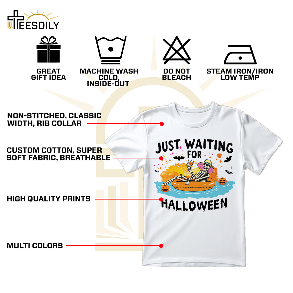 Teesdily | Halloween Skeleton Shirt, Just Waiting For Halloween Sweatshirt Hoodie Mug, Skeleton Pumpkin Tee, Cute Spooky Summer Halloween Gifts