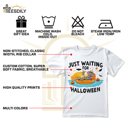 Teesdily | Halloween Skeleton Shirt, Just Waiting For Halloween Sweatshirt Hoodie Mug, Skeleton Pumpkin Tee, Cute Spooky Summer Halloween Gifts