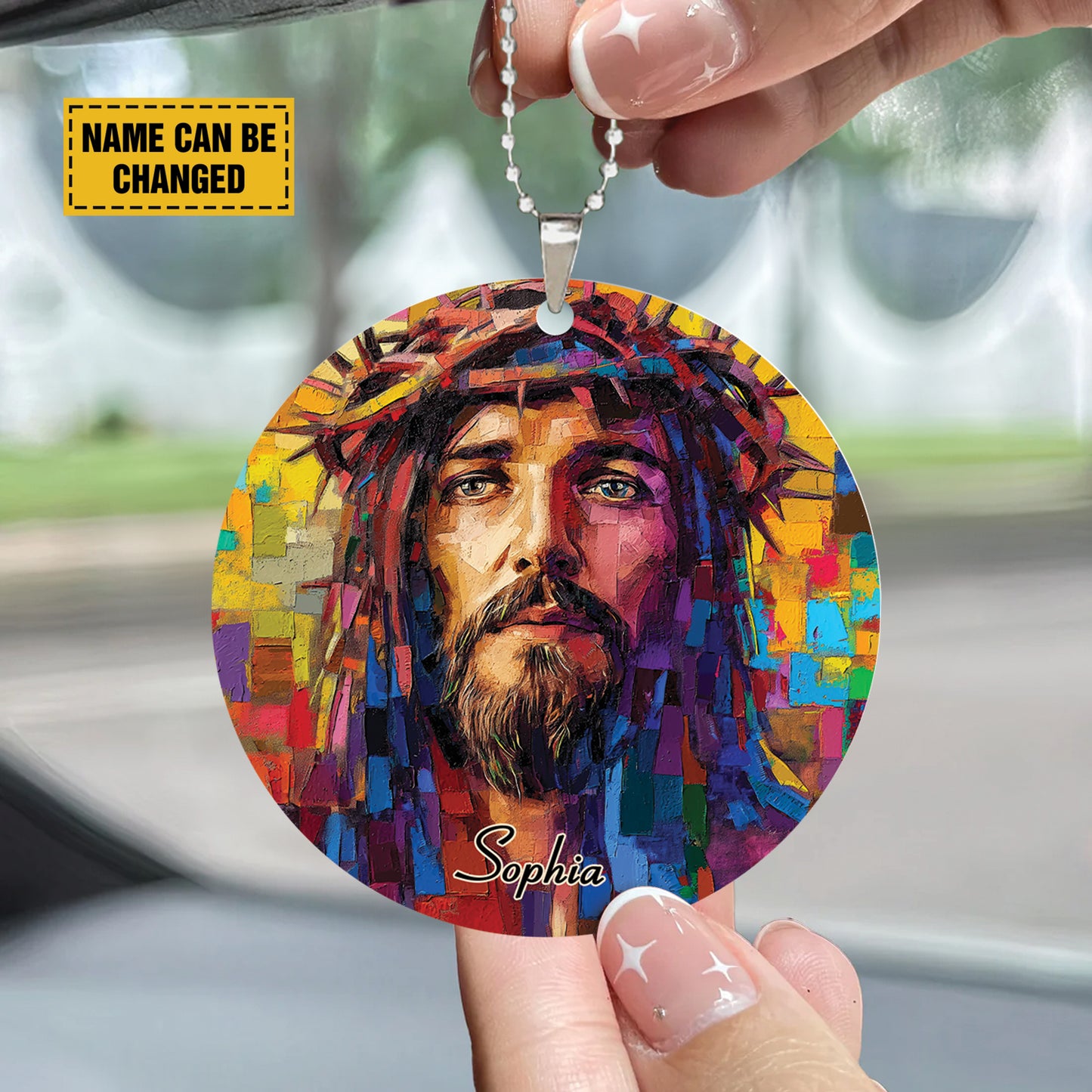 Teesdily | Custom Jesus Portrait Ornament, Christ Painting Hanger Car Rear View Mirror Ornament, Church Religious Acrylic Ornament, Jesus Lover Gift