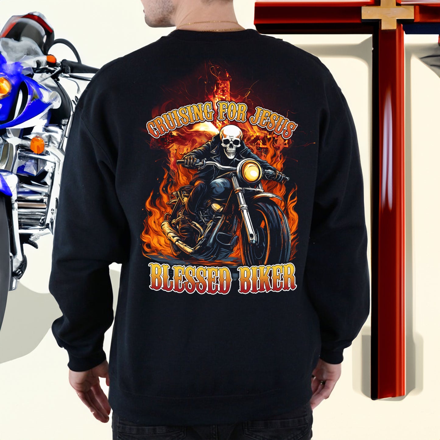 Teesdily | Christian Biker Shirt, Cruising For Jesus Blessed Biker Back Design Sweatshirt Hoodie Mug, Jesus Motorcycle Speed Lover Gifts