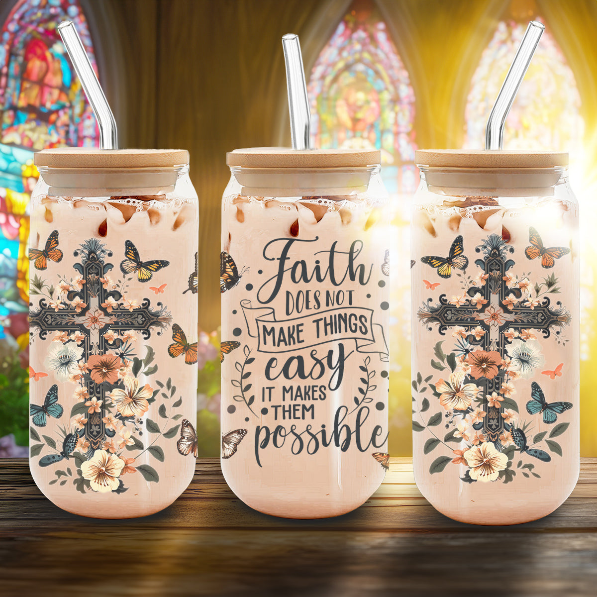 Teesdily | God Cross Flower Glass Can, Faith Does Not Make Things Easy It Makes Them Possible Cup, Jesus Gift, Frosted/ Clear Glass Can With Straw