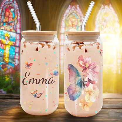 Teesdily | Customized Jesus Floral Butterfly Frosted Can, Faith Glass Can With Straw, Jesus Lover Gifts, Inspirational Gifts For Women