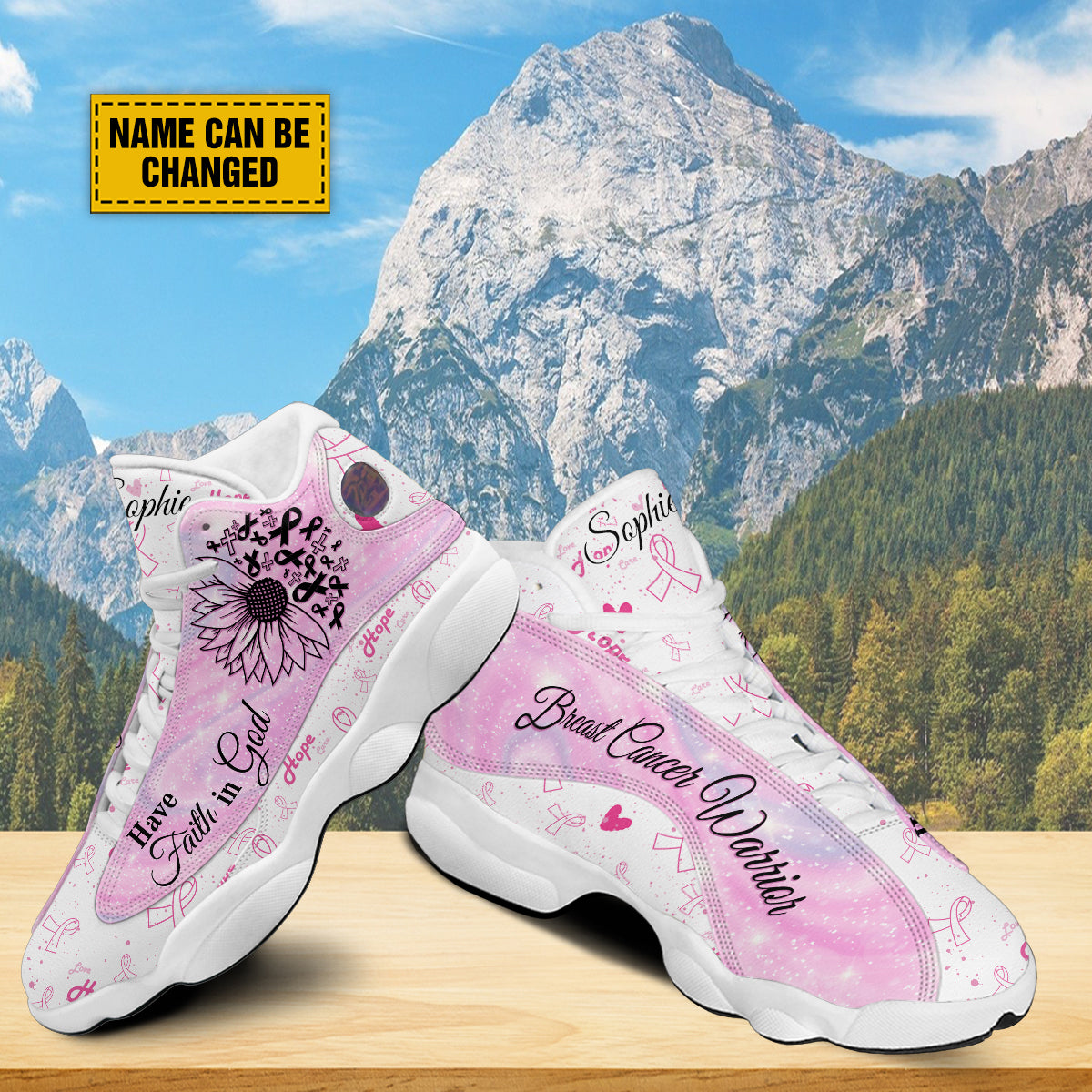 Teesdily | Breast Cancer Warrior Customized Basketball Shoes, Sunflower Faith Running Shoes, Pink Ribbon Pattern Shoes, Positive Gift For Girl Women