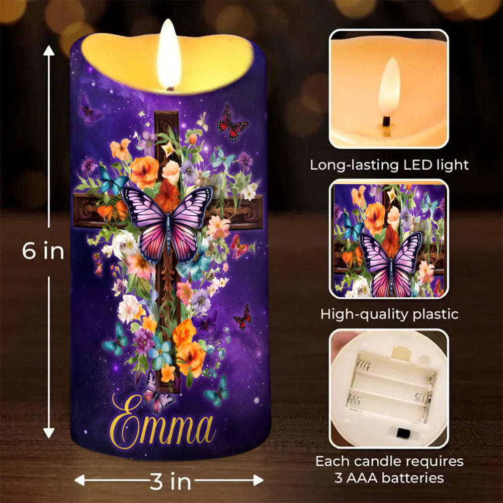 Teesdily | Customized Jesus Cross Flower Butterfly LED Candle No Battery, Heal Me Oh Lord LED Candle, Faith Jesus Lover Gift