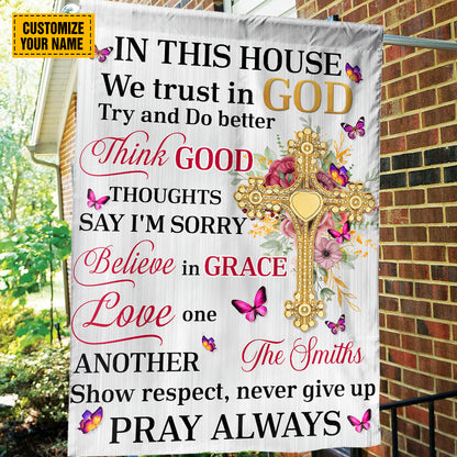 Teesdily | Jesus Cross Customized Flag In This House We Trust In God Garden Flag Butterfly Print Flag Christian Home Decor God Inspiration