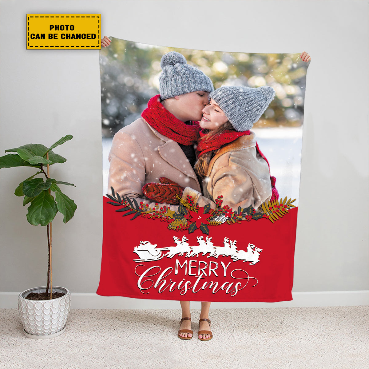 Teesdily | Merry Christmas Picture Blanket Personalized Photo Xmas Custom Sherpa Blanket With Picture Gift For Family Mom Dad Kids Wife Lover Partner