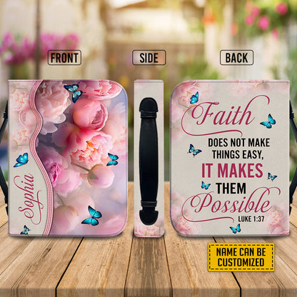 Teesdily | God Bible Verse Custom Bible Cover Peony Butterfly Bible Holder Faith Does Not Make Things Easy It Makes Theme Possible Christian Gift