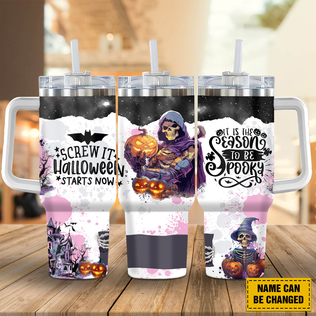 Teesdily | Custom Skeleton Pumpkin Tumbler 40oz, Tis The Season To Be Spooky Tumbler Mug, Halloween Starts Now Skeleton Cup Tumbler, Halloween Gift