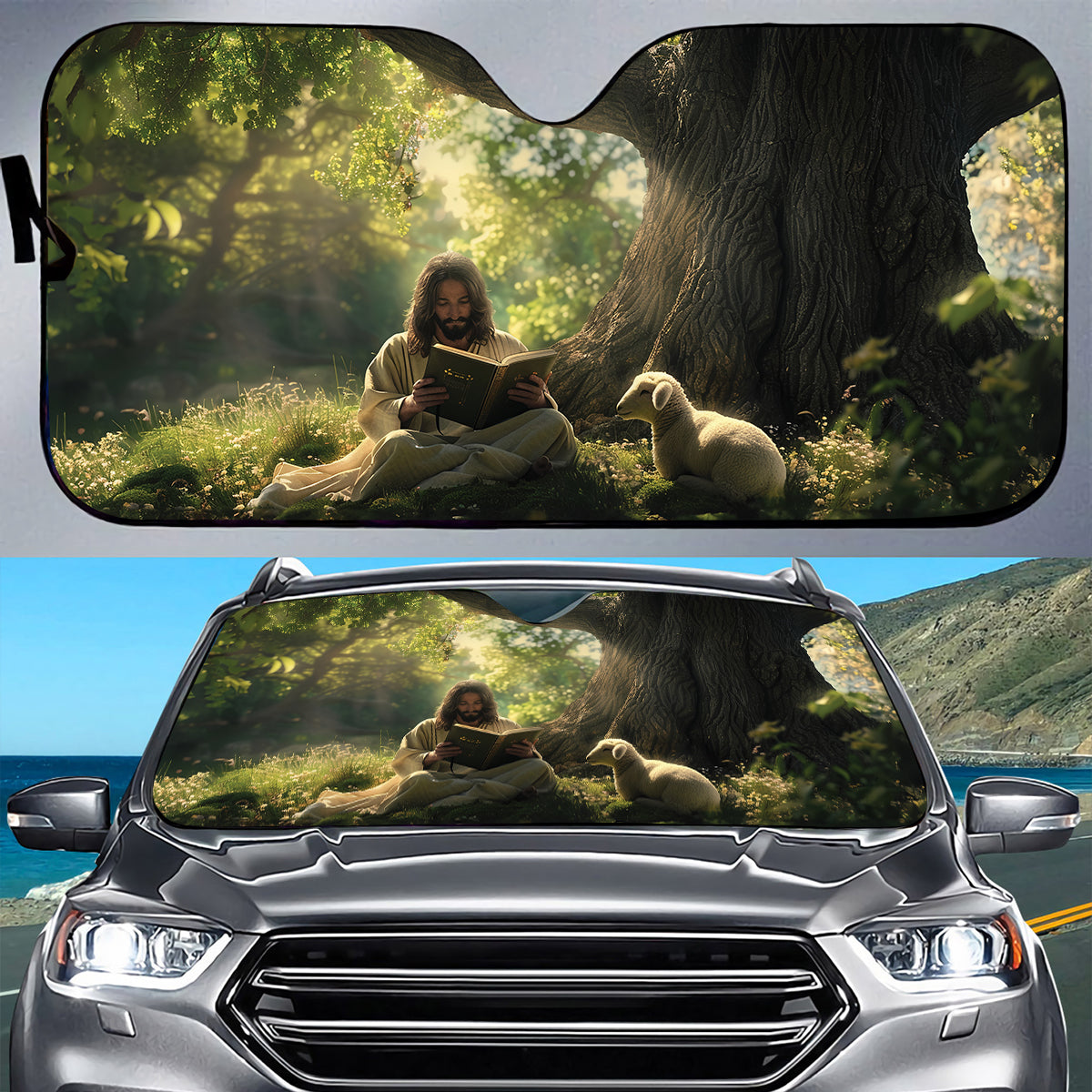 Teesdily | Jesus And Lambs Car Sunshade, Lambs Of God Auto Sun Shade, Jesus Windshield Sunshade, Christ Window Sunshade, Christian Faith Gifts