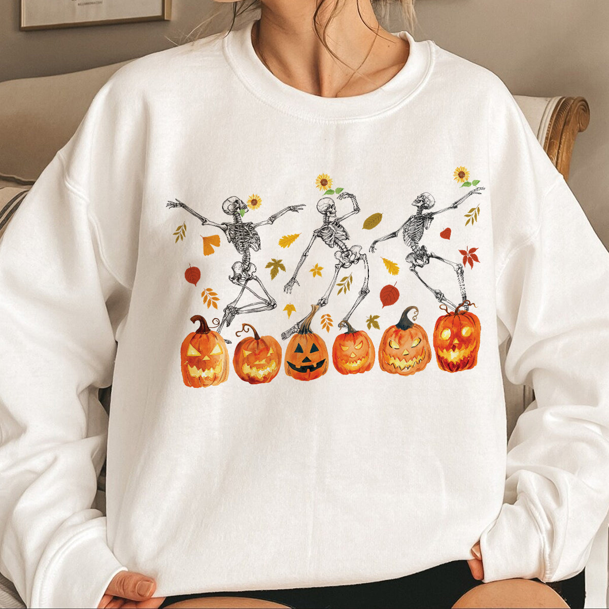 Teesdily | Halloween Dancing Skeleton Shirt, Skeleton Dancing Pumpkin Sweatshirt Hoodie Mug, Spooky Season Tee, Holiday Party Shirt, Halloween Gift