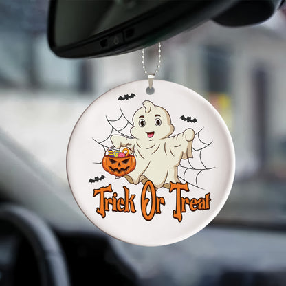 Teesdily | Cute Ghost Halloween Car Ornament, Trick Or Treat Ceramic Car Hanging Ornament, Halloween Ornament Decor, Happy Halloween Gift