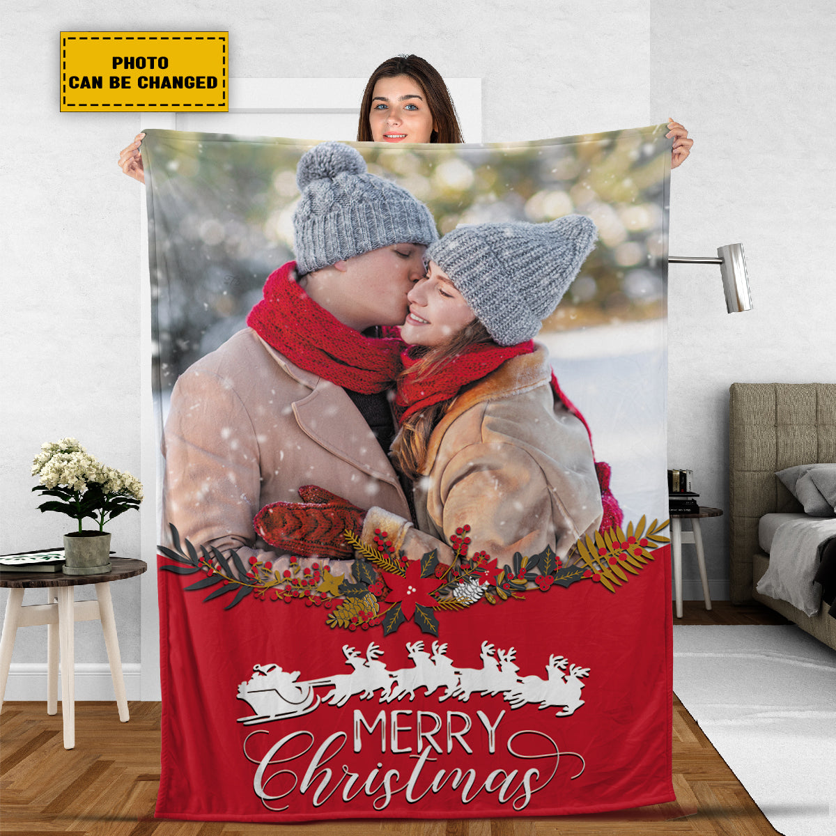 Teesdily | Merry Christmas Picture Blanket Personalized Photo Xmas Custom Sherpa Blanket With Picture Gift For Family Mom Dad Kids Wife Lover Partner