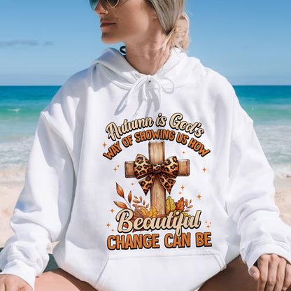 Teesdily | Jesus Cross Coquette Bow Thanksgiving Shirt, Autumn Is God's Way Tee Sweatshirt Hoodie Mug, Thanksgiving Jesus Gift