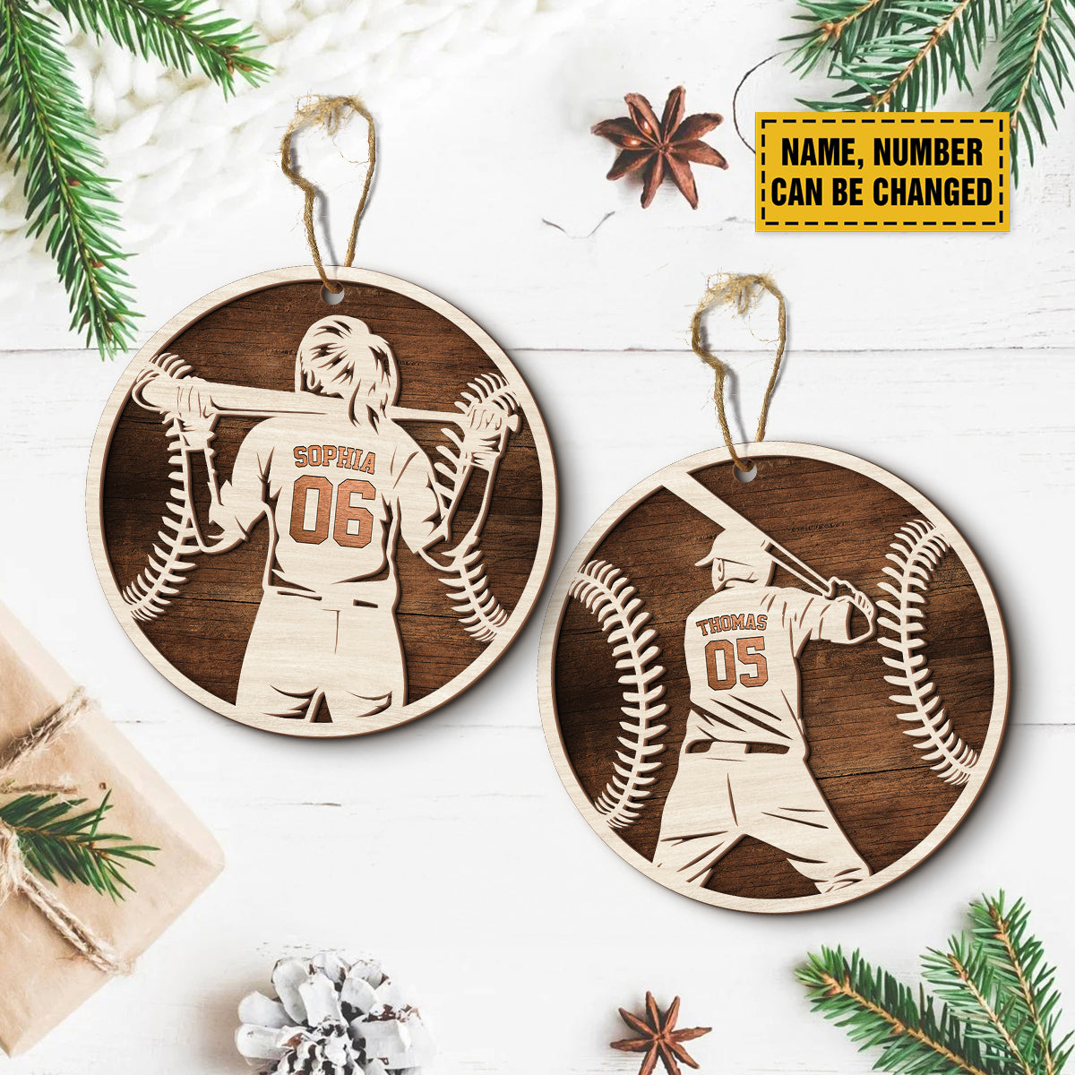 Teesdily | Customized Baseball Ornaments, Team Baseball Player Ornament Christmas, Sport 2 Layered Wood Ornament, Christmas Gift