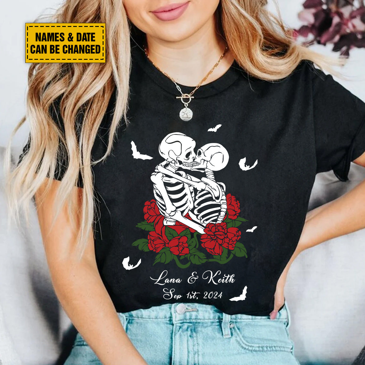 Teesdily | Personalized Spooky Skeleton Shirt, Couple Skeleton Halloween Hoodie Sweatshirt Mug, Skeleton Rose Romantic Couple Matching, Halloween Gift