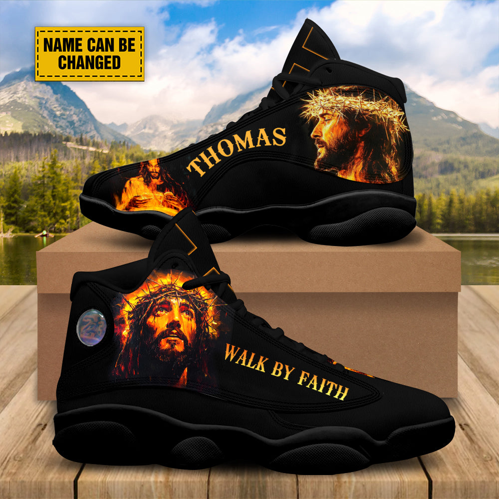 Teesdily | Customized Jesus Portrait Art Basketball Shoes, Walk By Faith Running Shoes Christian Unisex Shoes With Thick Sole