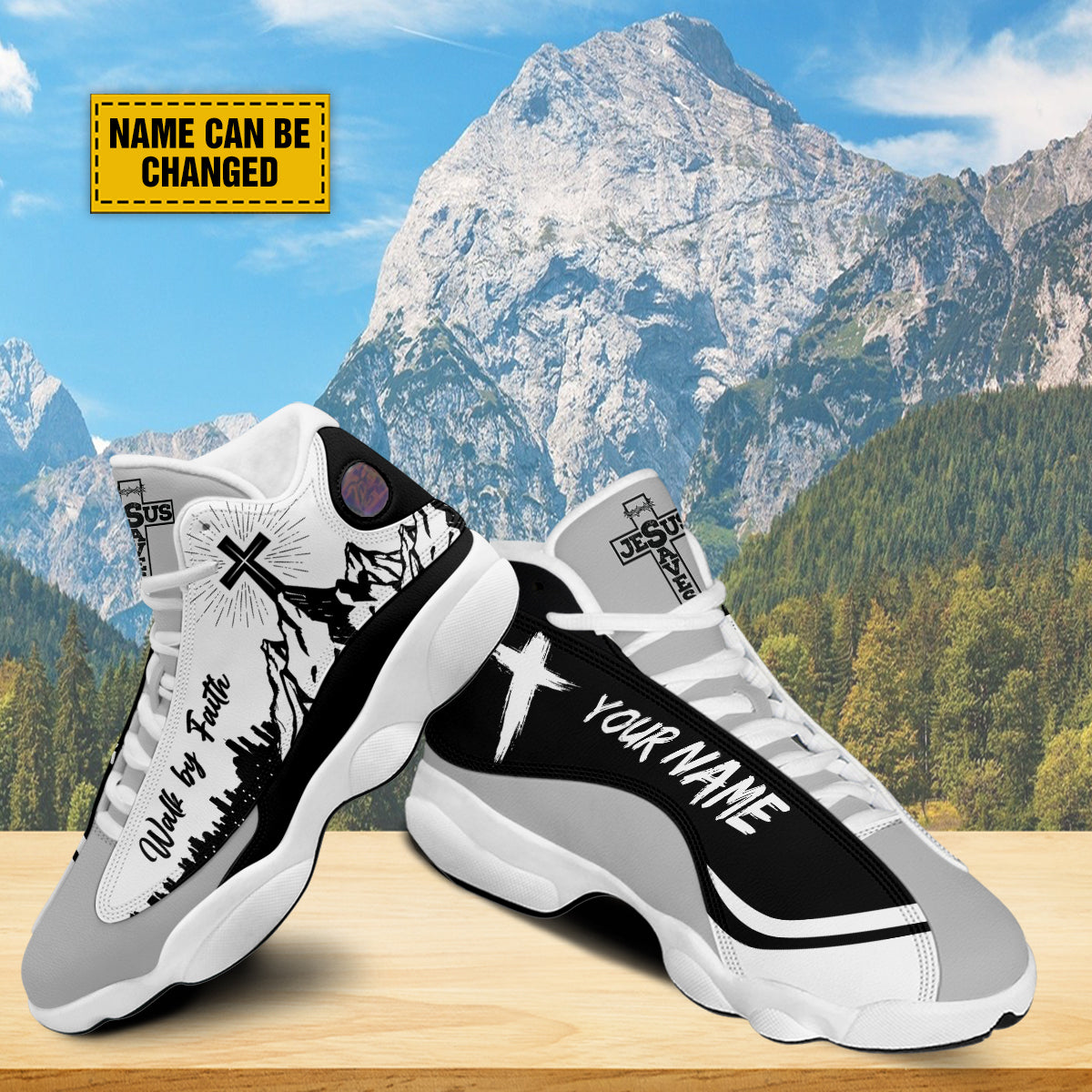Teesdily | Personalized Jesus Walk By Faith Basketball Shoes, Jesus Cross Mountain Basketball Shoes, Christian Footwear Unisex Basketball Shoes