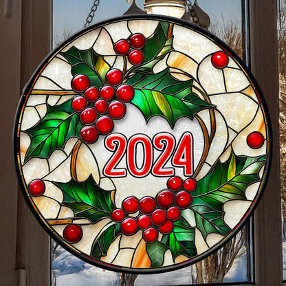 Teesdily | Christmas Holy Berry Window Hanging, Christmas Tree Round Stained Glass Wall Decor, Christmas Suncatcher Christmas Gift