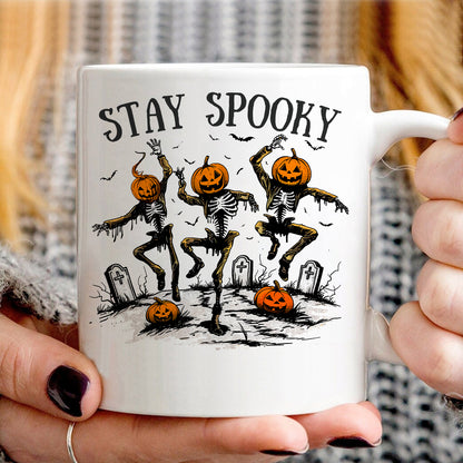 Teesdily | Halloween Skeleton Pumpkin Shirt, Stay Spooky Sweatshirt Hoodie Mug, Dancing Skeleton Pumpkin Face T-Shirt, Holiday Outfit, Halloween Gift