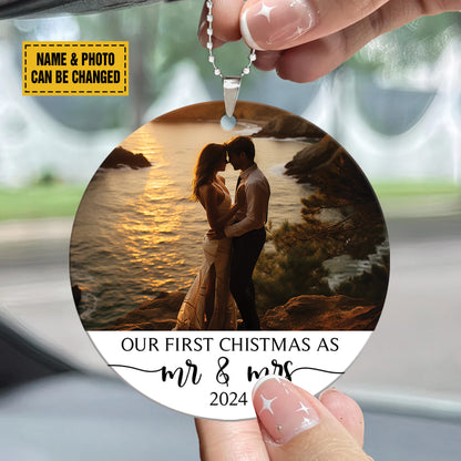 Teesdily | Personalized Photo First Christmas As Mr & Mrs Ornament 2024, Engagement Photo Ornament, 1st Anniversary Wedding Gift, In Memory Ornament