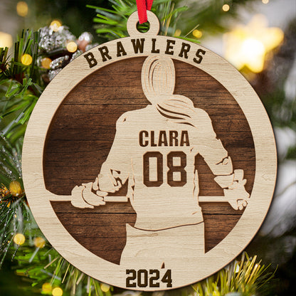 Teesdily | Customized Hockey Ornament, Hockey Player Ornament, 2 Layer Wooden Sports Team Ornament Christmas, Hockey Lover Gifts