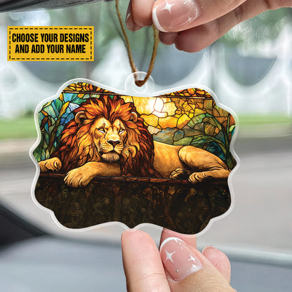 Teesdily | Personalized  Jesus Lion Of Judah Stained Glass Art Acrylic Ornament, Jesus Lion Car Hanging Ornament, Jesus Lovers Gift, Christmas Jesus Ornament