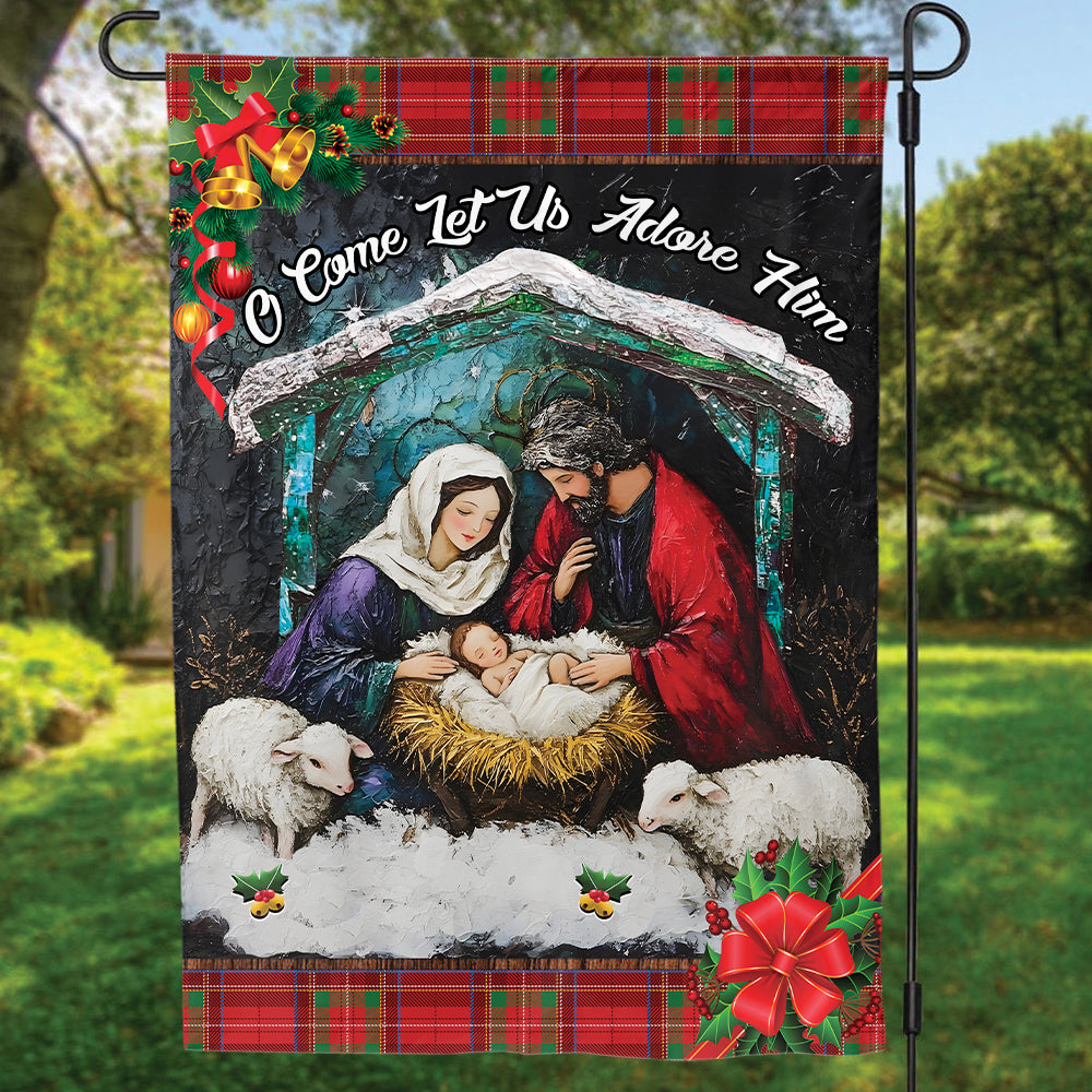 Teesdily | Customized Jesus Nativity Christmas Garden Flag, O Come Let Us Adore Him House Flag, Jesus Birth Gift, Xmas Gift