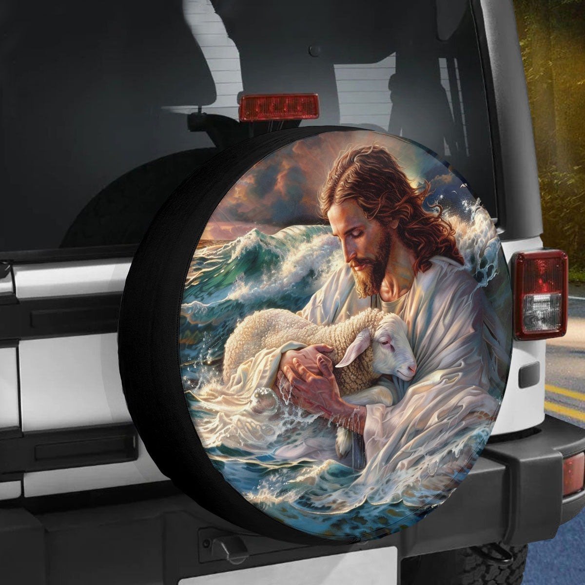 Teesdily | Jesus And Lamb Spare Tire Cover Car, Lamb Of God Wheel Cover Truck, Christian Car Accessories
, God Inspirational Spare Tire Cover 27"-34"