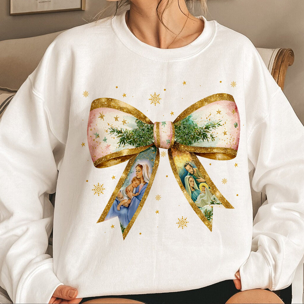 Teesdily | Jesus Christmas Coquette Bow Shirt, Christian Christmas Nativity Scene Sweatshirt, Bow Glitter Holy Family Hoodie Mug