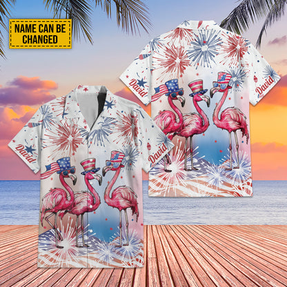 Teesdily | Custom Flamingo American Flag Hawaiian Shirt, Flamingo Beach Hawaii Set, Flamerica Patriotic Aloha Outfit, Independence 4th Of July Gifts