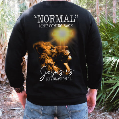 Teesdily | Jesus Lion Of Judah Shirt, Normal Isn't Coming Back Jesus Is Revelation 14 Jesus Sweatshirt Hoodie Mug, God Believer Back Side Shirt