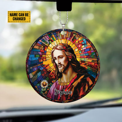 Teesdily | Jesus Portrait Stained Glass Print Ornament, Jesus Christ Sunflower Car Hanger Ornament, Jesus God Colorful Rear View Mirror Accessories