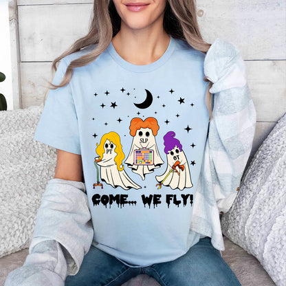 Teesdily | Halloween OT PT SLP Team Shirt, Cute Ghost Come We Fly Halloween Tee Sweatshirt Hoodie Mug, Halloween Lovers Gifts, OT PT Halloween Gifts