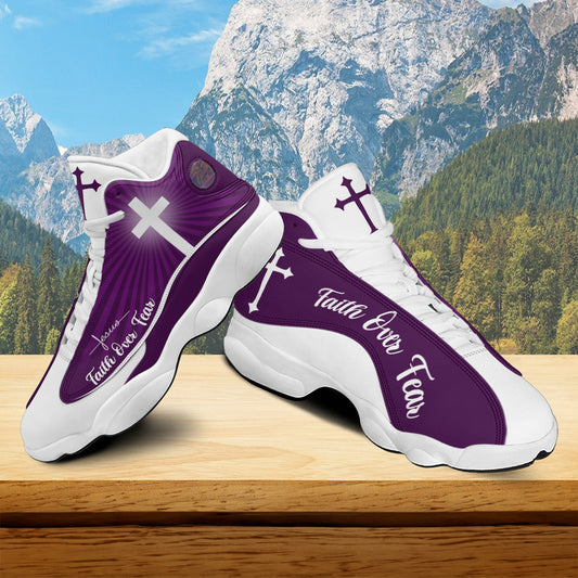 Teesdily | Jesus Faith Over Fear Basketball Shoes, Jesus Shoes Purple Design, Jesus Lovers Gifts, Christian Unisex Shoes