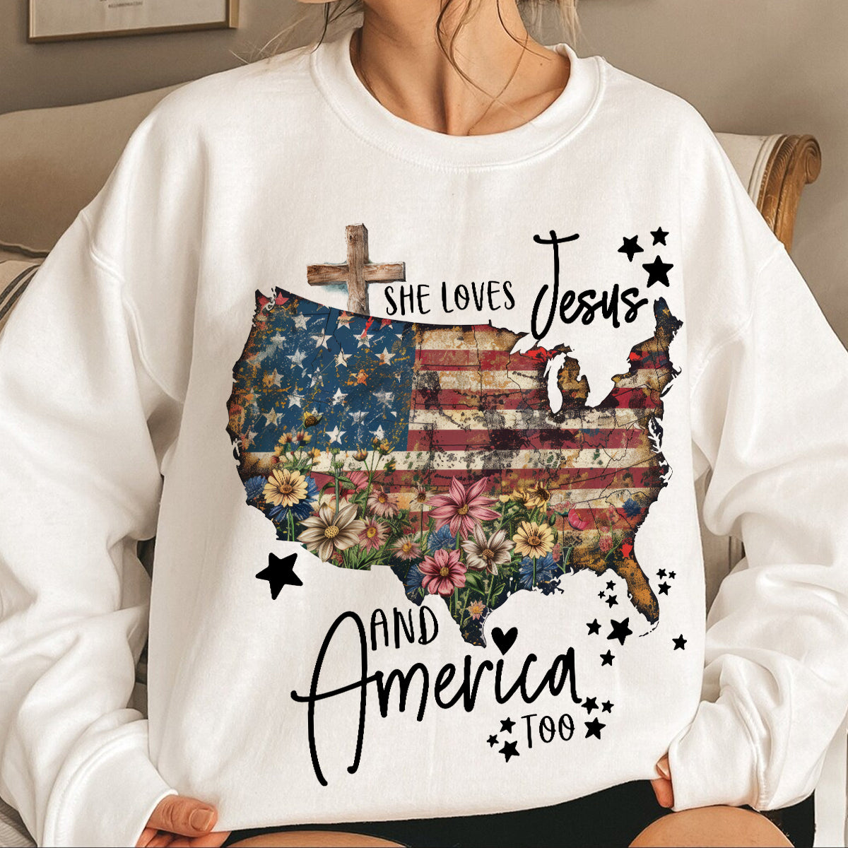 Teesdily | Jesus American Flag Flower Cross Shirt, She Loves Jesus And America Too Sweatshirt, US Pride Patriot Hoodie, Independence Day Gifts