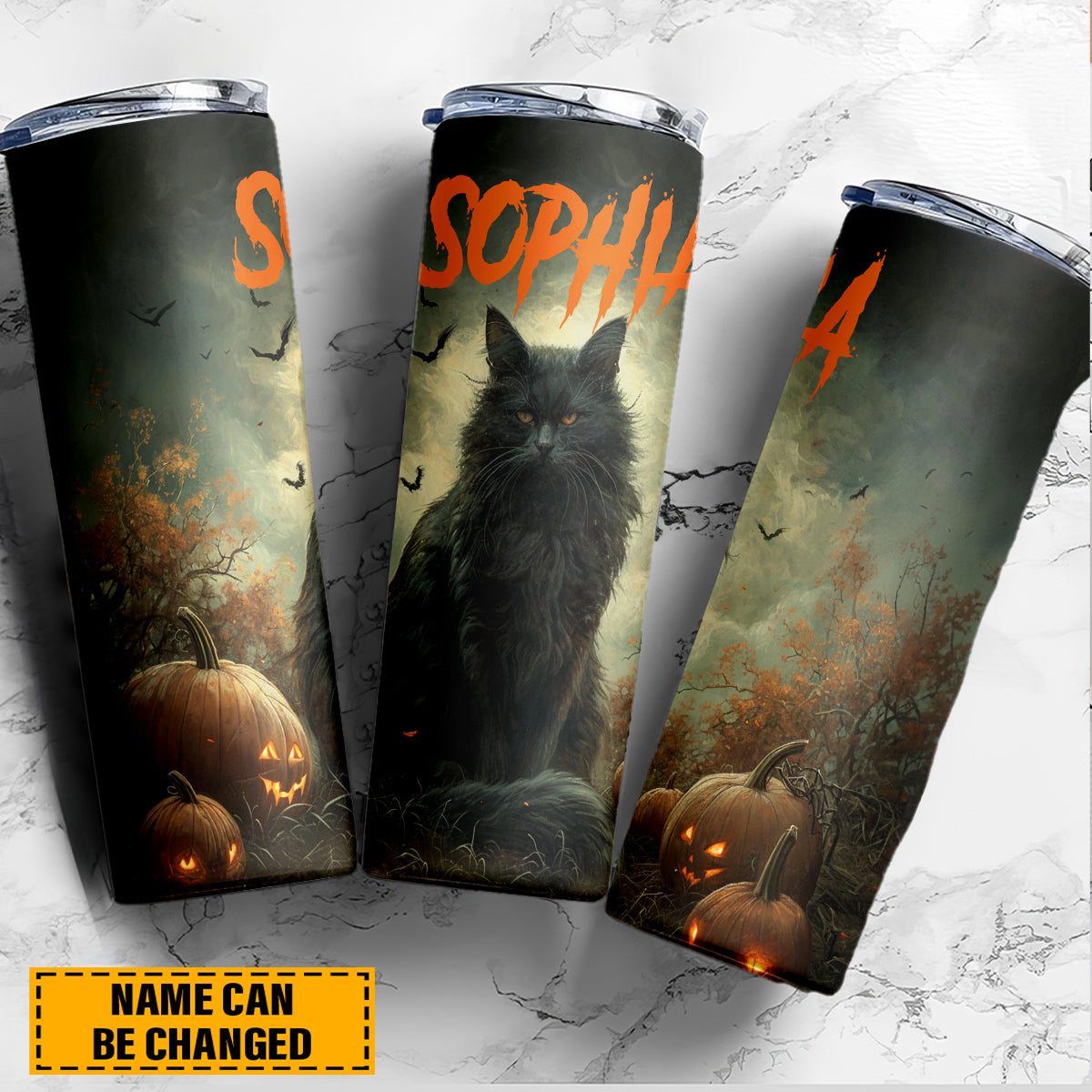 Teesdily | Customized Black Cat Pumpkin Skinny Tumbler 20oz, Halloween Cat Tumbler, Cute Halloween Cat Mug, Pumpkins Cat Tumbler, Cat Lover Gift