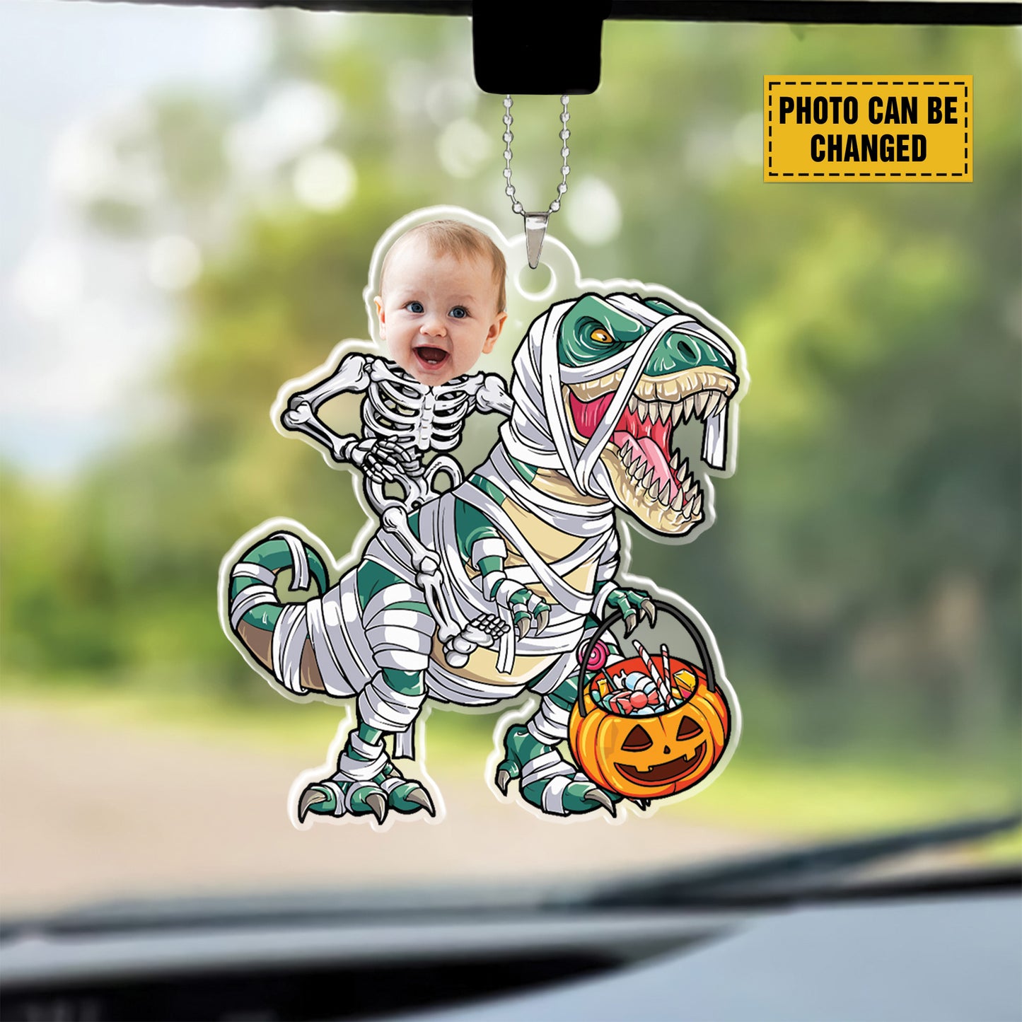 Teesdily | Customized Funny Dinosaur Pumpkin Halloween Ornament, Skeleton Kid Pumpkin Ornament Car Hanging, Trick Or Treat Ornament, Halloween Gift