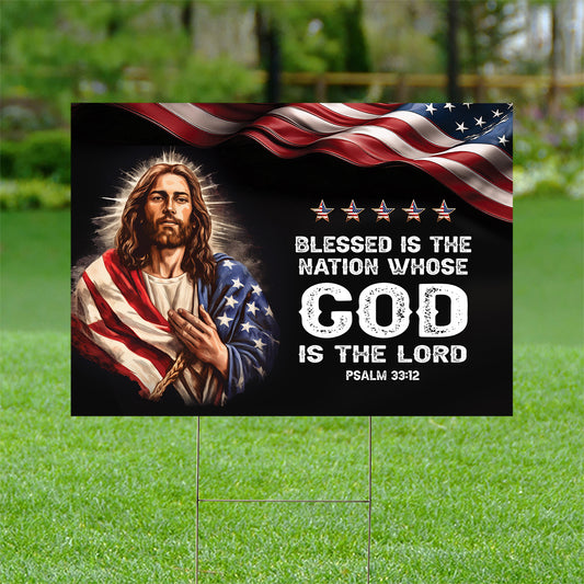 Teesdily | Jesus American Flag Yard Sign, Blessed Is The Nation Whose God Is The Lord American Patriotic Garden Metal Sign, Christian Outdoor Sign