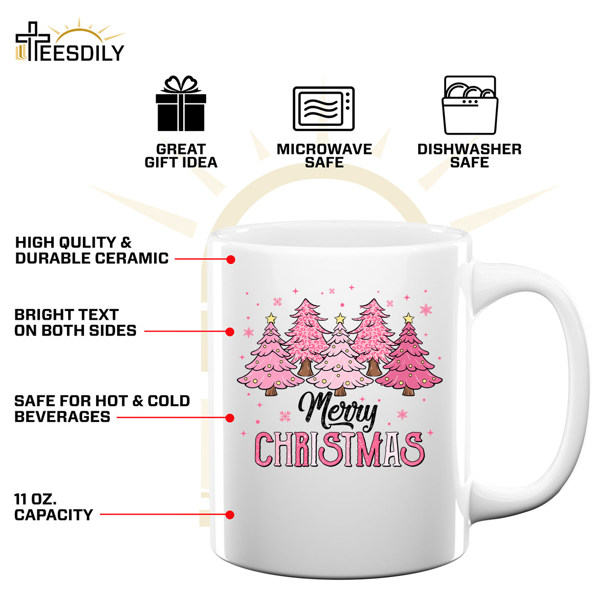 Teesdily | Merry Christmas Shirt, Pink Christmas Tree Sweatshirt, Christmas Vibes Sweater, Holiday Season Hoodie Mug Gift Mom