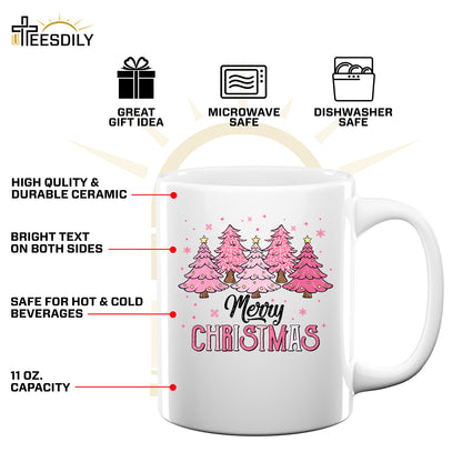 Teesdily | Merry Christmas Shirt, Pink Christmas Tree Sweatshirt, Christmas Vibes Sweater, Holiday Season Hoodie Mug Gift Mom