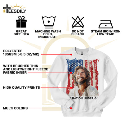 Teesdily | Jesus American Flag Shirt, One Nation Under God Sweatshirt, Christ God Hoodie, Jesus Mug Cup, Happy Independence Day, Gift For Jesus Lover