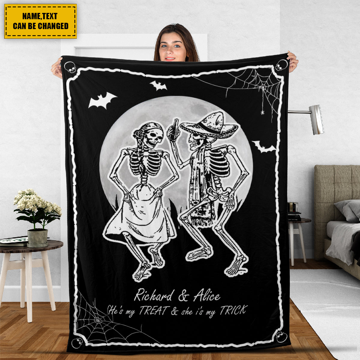 Teesdily | Gothic Skeleton Blanket Personalized Halloween Couple Dancing Sofa Blanket He's My Treat And She Is My Trick Funny Halloween Gifts For Lover