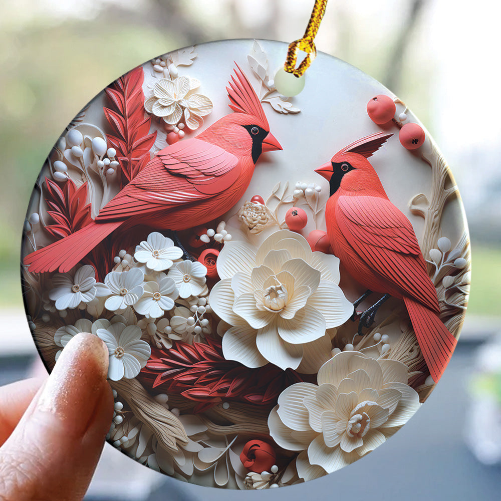 Teesdily | Christmas Cardinal Bird 2D Flat Ceramic Ornament, Couple Cardinal Bird Snowy Flower Christmas Gift, Xmas Ornament