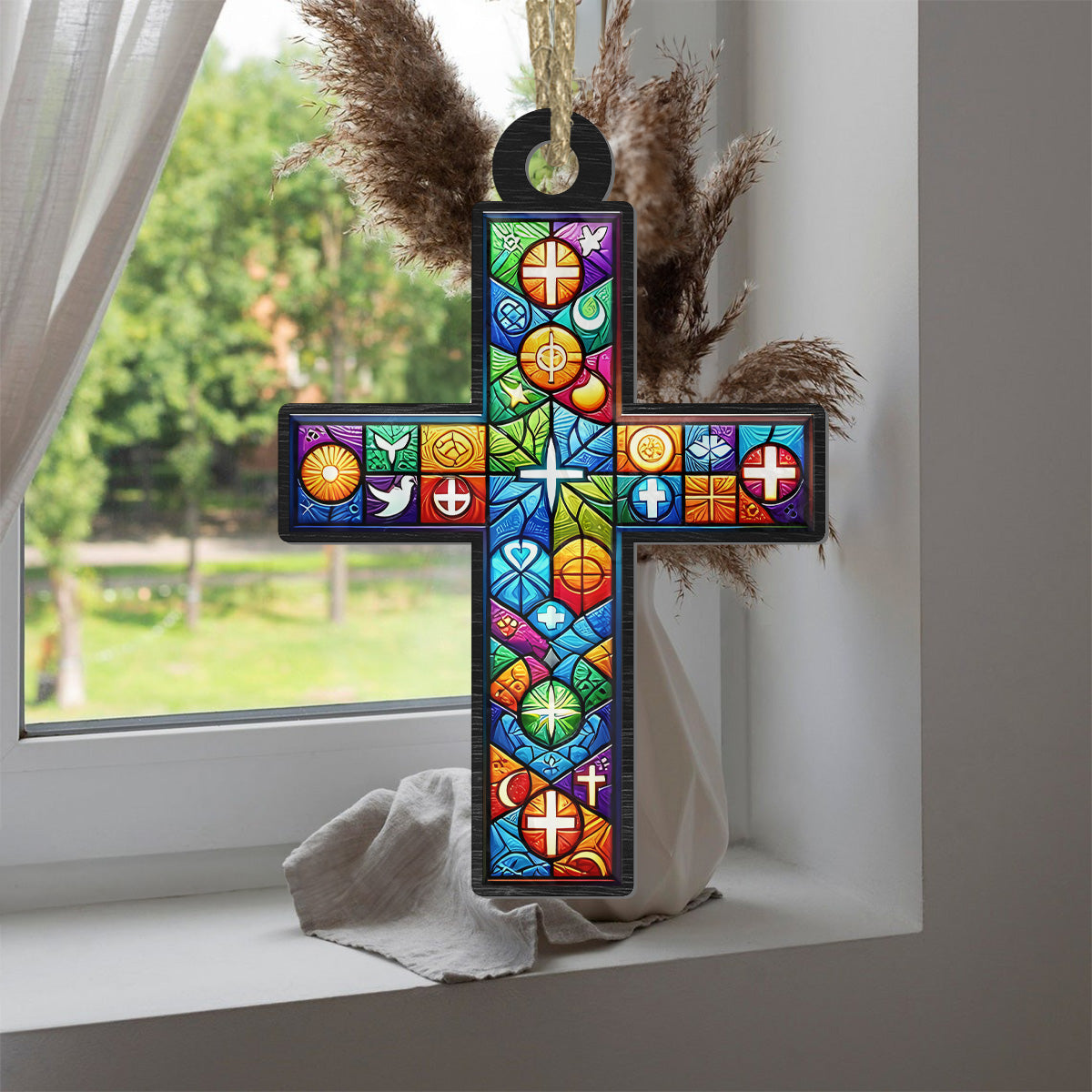 Teesdily | Customized Suncatcher Style, Jesus Cross Suncatcher Christmas Ornament, Xmas Home Decoration, Jesus Lovers Gift, God Faith Believers Gifts